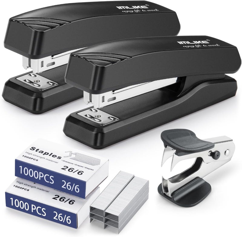 IMLIKE Desktop Office Stapler with 2000 Staples: Half Strip Desk Staplers, take 26/6 Staples 25 Sheets Capacity, Metal Construction, Non-Slip Base, Black, 2-Pack - Image 1